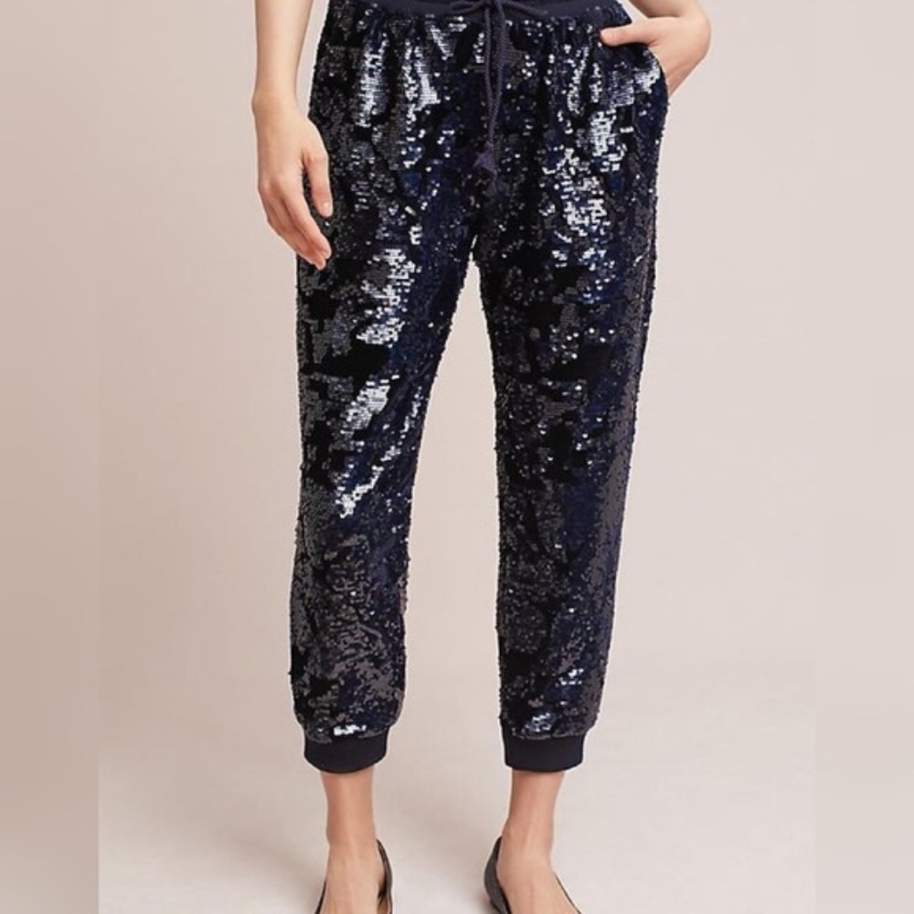BLUE SILVER SEQUIN JOGGERS WITH DRAWSTRING WAIST